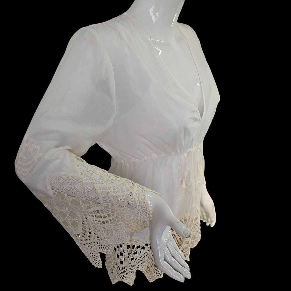 BCBG MaxAzaria White Lace Boho Top + Cami Cotton Drawstring Waist V Neck Women S